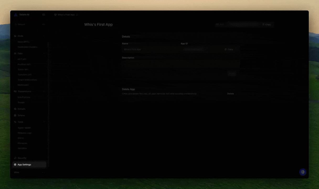 Opening an Alchemy app's settings and copying the API key from the top right.