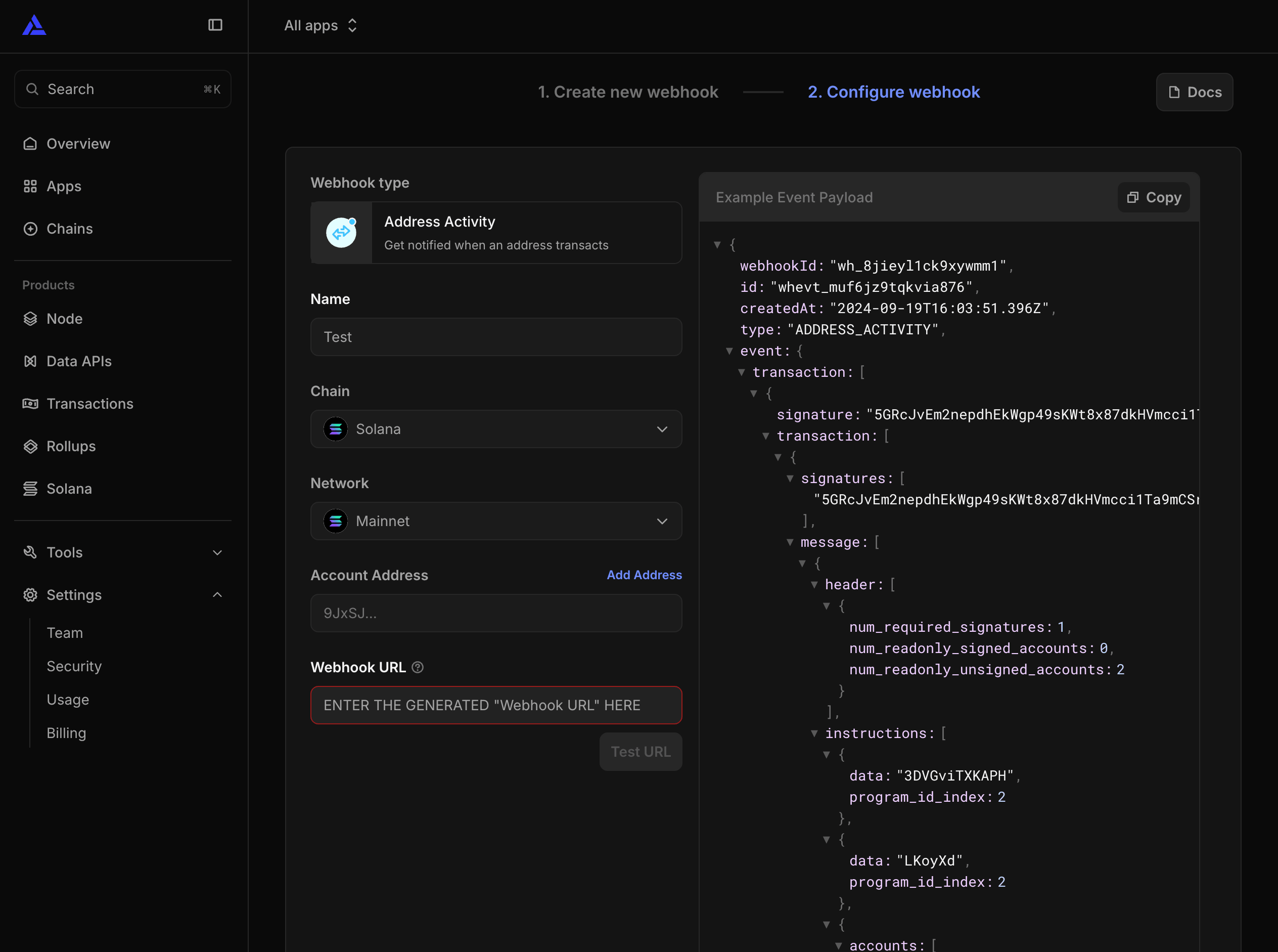 Alchemy "Configure webhook" page: Chain set to Solana, Network to Mainnet, with the Solaris Webhook URL pasted in.