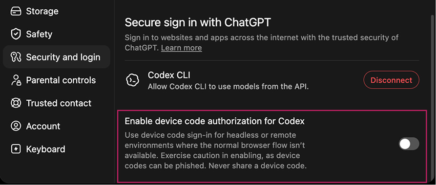 The "Enable device code authorization for Codex" toggle under "Secure sign in with ChatGPT" in ChatGPT's Security and login settings.